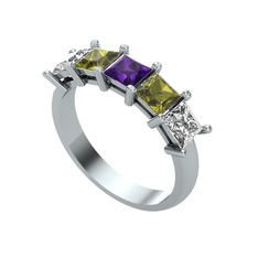 Edda 5 Taşlı Yüzük - Ametist, peridot ve swarovski 14 ayar beyaz altın yüzük #8rzotz