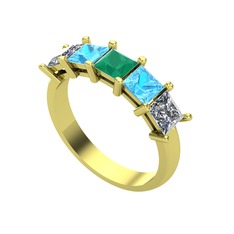 Kök zümrüt, akuamarin ve pırlanta 8 ayar altın yüzük (0.78 karat)