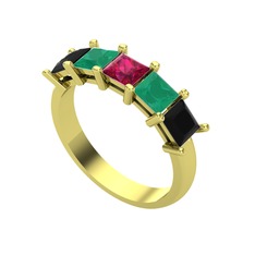 Rodolit garnet, kök zümrüt ve siyah zirkon 8 ayar altın yüzük