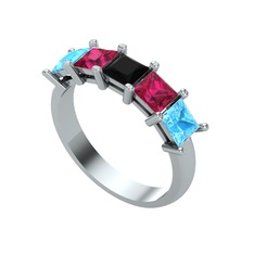 Siyah zirkon, rodolit garnet ve akuamarin 18 ayar beyaz altın yüzük