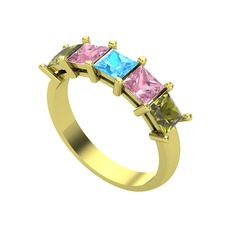 Akuamarin, pembe kuvars ve peridot 14 ayar altın yüzük