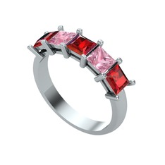 Edda 5 Taşlı Yüzük - Garnet ve pembe kuvars 8 ayar beyaz altın yüzük #bbj69i