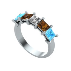 Edda 5 Taşlı Yüzük - Swarovski, dumanlı kuvars ve akuamarin 14 ayar beyaz altın yüzük #bgcufe