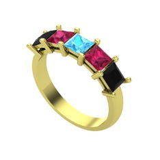 Akuamarin, rodolit garnet ve siyah zirkon 8 ayar altın yüzük