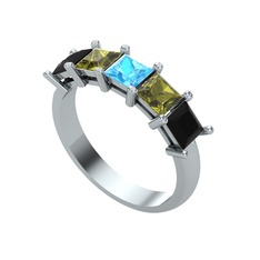 Akuamarin, peridot ve siyah zirkon 8 ayar beyaz altın yüzük