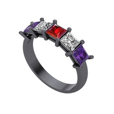 Edda 5 Taşlı Yüzük - Garnet, swarovski ve ametist 925 ayar siyah rodyum kaplama gümüş yüzük #cak1b