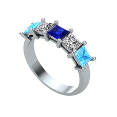 Lab safir, swarovski ve akuamarin 8 ayar beyaz altın yüzük