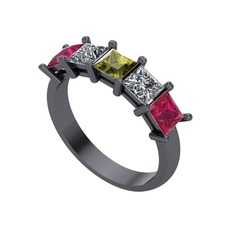 Edda 5 Taşlı Yüzük - Peridot, pırlanta ve rodolit garnet 925 ayar siyah rodyum kaplama gümüş yüzük (0.78 karat) #e2irqq