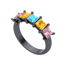 Edda 5 Taşlı Yüzük - Akuamarin, sitrin ve pembe kuvars 925 ayar siyah rodyum kaplama gümüş yüzük #e43lo5