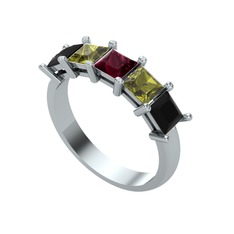 Edda 5 Taşlı Yüzük - Kök yakut, peridot ve siyah zirkon 14 ayar beyaz altın yüzük #e8n9r9