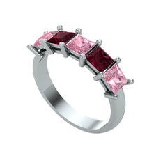 Pembe kuvars ve kök yakut 14 ayar beyaz altın yüzük