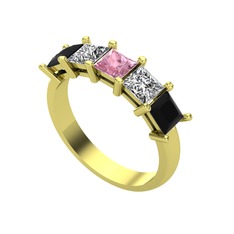 Pembe kuvars, swarovski ve siyah zirkon 925 ayar altın kaplama gümüş yüzük
