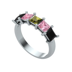 Peridot, pembe kuvars ve siyah zirkon 8 ayar beyaz altın yüzük