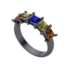 Lab safir, peridot ve dumanlı kuvars 925 ayar siyah rodyum kaplama gümüş yüzük