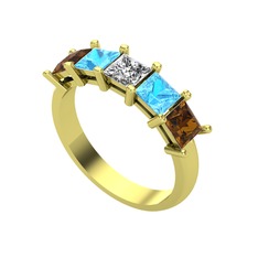 Swarovski, akuamarin ve dumanlı kuvars 18 ayar altın yüzük