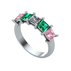 Edda 5 Taşlı Yüzük - Pırlanta, yeşil kuvars ve pembe kuvars 18 ayar beyaz altın yüzük (0.39 karat) #gm53u8