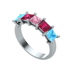 Pembe kuvars, rodolit garnet ve akuamarin 8 ayar beyaz altın yüzük