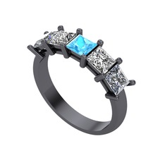 Edda 5 Taşlı Yüzük - Akuamarin, swarovski ve pırlanta 925 ayar siyah rodyum kaplama gümüş yüzük (0.78 karat) #gzvxdp