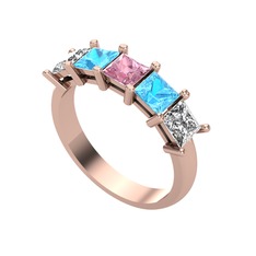 Edda 5 Taşlı Yüzük - Pembe kuvars, akuamarin ve swarovski 8 ayar rose altın yüzük #h55cf8