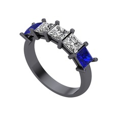 Edda 5 Taşlı Yüzük - Beyaz zirkon, swarovski ve lab safir 925 ayar siyah rodyum kaplama gümüş yüzük #haff8b