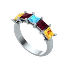 Edda 5 Taşlı Yüzük - Akuamarin, kök yakut ve sitrin 8 ayar beyaz altın yüzük #hcrhyo