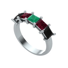 Kök zümrüt, kök yakut ve siyah zirkon 8 ayar beyaz altın yüzük