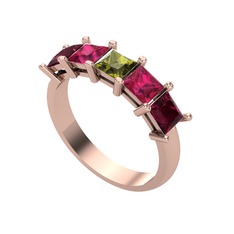 Peridot, rodolit garnet ve kök yakut 8 ayar rose altın yüzük