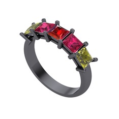 Edda 5 Taşlı Yüzük - Garnet, rodolit garnet ve peridot 925 ayar siyah rodyum kaplama gümüş yüzük #i8zy2v