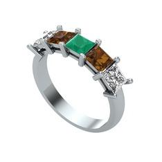 Kök zümrüt, dumanlı kuvars ve swarovski 14 ayar beyaz altın yüzük