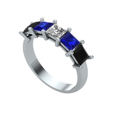 Edda 5 Taşlı Yüzük - Swarovski, lab safir ve siyah zirkon 14 ayar beyaz altın yüzük #ikpy3k