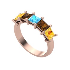 Akuamarin, dumanlı kuvars ve sitrin 925 ayar rose altın kaplama gümüş yüzük