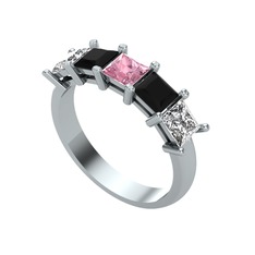 Edda 5 Taşlı Yüzük - Pembe kuvars, siyah zirkon ve beyaz zirkon 8 ayar beyaz altın yüzük #iszrjl