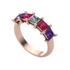 Edda 5 Taşlı Yüzük - Pırlanta, rodolit garnet ve ametist 14 ayar rose altın yüzük (0.39 karat) #j59nav