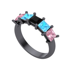 Siyah zirkon, akuamarin ve pembe kuvars 925 ayar siyah rodyum kaplama gümüş yüzük