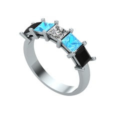 Swarovski, akuamarin ve siyah zirkon 14 ayar beyaz altın yüzük