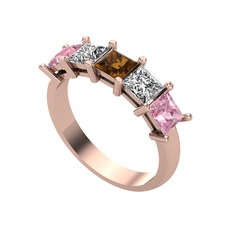 Dumanlı kuvars, beyaz zirkon ve pembe kuvars 8 ayar rose altın yüzük