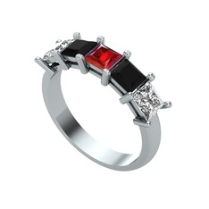 Garnet, siyah zirkon ve swarovski 18 ayar beyaz altın yüzük
