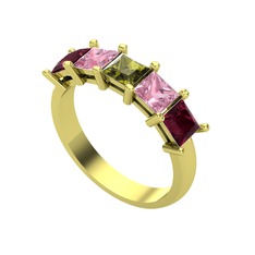 Peridot, pembe kuvars ve kök yakut 14 ayar altın yüzük