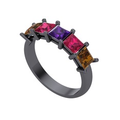Ametist, rodolit garnet ve dumanlı kuvars 925 ayar siyah rodyum kaplama gümüş yüzük