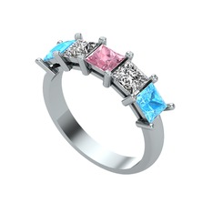 Pembe kuvars, beyaz zirkon ve akuamarin 18 ayar beyaz altın yüzük