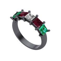 Edda 5 Taşlı Yüzük - Swarovski, kök yakut ve yeşil kuvars 925 ayar siyah rodyum kaplama gümüş yüzük #l8wflm