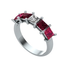 Edda 5 Taşlı Yüzük - Swarovski, kök yakut ve rodolit garnet 8 ayar beyaz altın yüzük #landgw