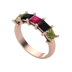 Rodolit garnet, siyah zirkon ve peridot 8 ayar rose altın yüzük