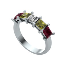 Swarovski, peridot ve kök yakut 14 ayar beyaz altın yüzük