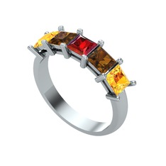 Garnet, dumanlı kuvars ve sitrin 14 ayar beyaz altın yüzük