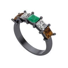 Edda 5 Taşlı Yüzük - Kök zümrüt, swarovski ve dumanlı kuvars 925 ayar siyah rodyum kaplama gümüş yüzük #ntsgl4