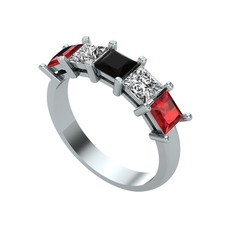 Siyah zirkon, beyaz zirkon ve garnet 14 ayar beyaz altın yüzük