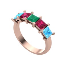 Kök zümrüt, rodolit garnet ve akuamarin 8 ayar rose altın yüzük