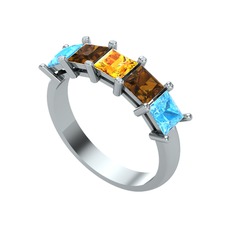 Edda 5 Taşlı Yüzük - Sitrin, dumanlı kuvars ve akuamarin 18 ayar beyaz altın yüzük #o6lhr9