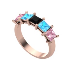 Edda 5 Taşlı Yüzük - Siyah zirkon, akuamarin ve pembe kuvars 14 ayar rose altın yüzük #o7dl5d